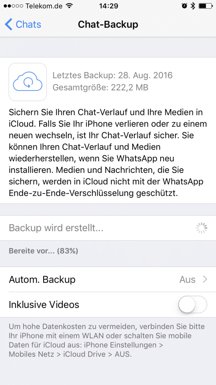 In WhatsApp findet sich kein Hinweis auf die neue Verschlüsselung der iCloud-Backup-Daten.
