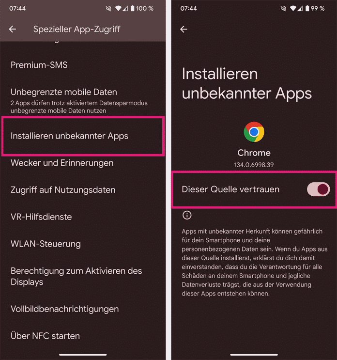 Installieren von Apps aus unbekannten Quellen