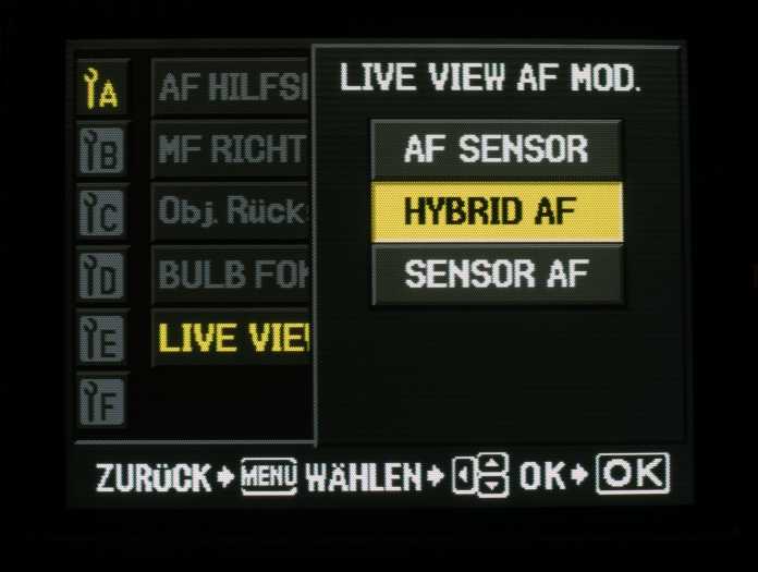Die drei Live-View-Autofokus-Modi der Olympus E-420. Dahinter: das neue Einstellmenü, das von der Olympus E-3 kommt (Bild: W.D.Roth)