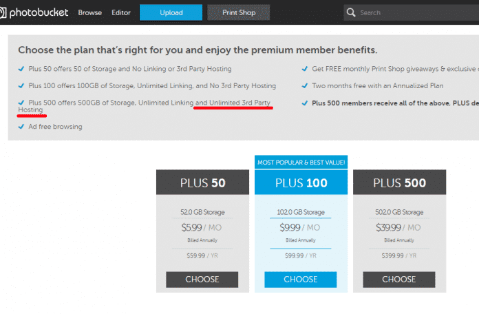 Das neue Preismodell von Photobucket: Erst das &quot;Plus 500&quot;-Paket erlaubt auch &quot;3rd Party Hosting&quot;. Es kostet satte 400 US-Dollar im Jahr.