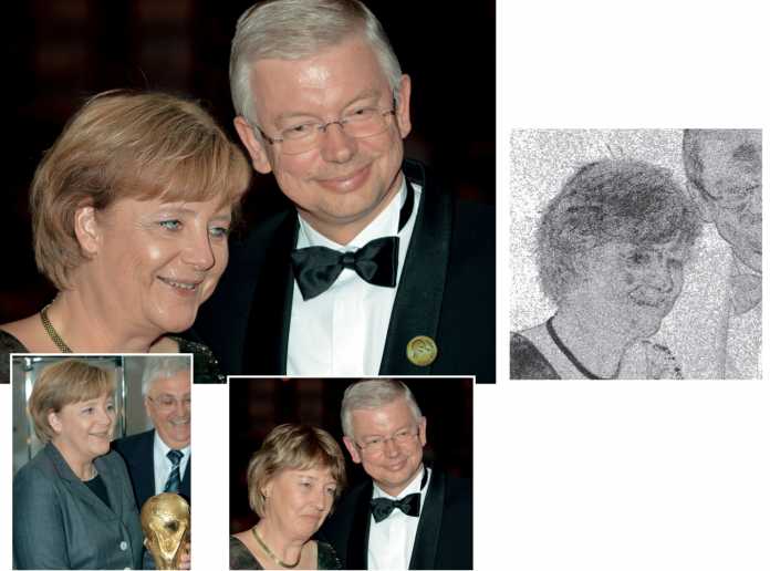 Angela Merkel zusammen mit Roland Koch, stolzem Träger des Pinocchio-Ordens: Im Original war Koch mit seiner Ehefrau unterwegs. Die in der P-Map auffällig hellen Haarpartien in der Mitte von Merkels Kopf verrieten den Forschern die Montagelinie.