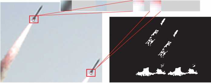 Wenn der Duplikatdetektor mit dem Bild fertig ist, besteht es nur mehr aus fein säuberlich sortierten Blöcken (oben): Identische liegen nahe beieinander und dienen als Ausgangspunkt, um größere Bereiche mit auffälliger Übereinstimmung zu finden (rechts).