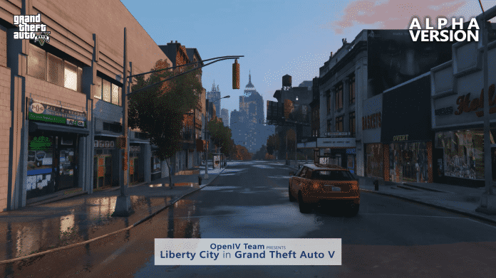 Liberty City in GTA V: Straßenszene mit Empire State Building im Hintergrund.