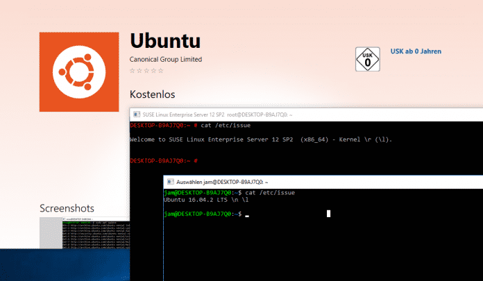 Ubuntu und SUSE Enterprise Server laufen parallel innerhalb des Windows-Subsystems für Linux auf Windows 10.