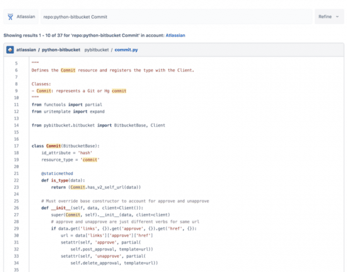 Mit der neuen Suchfunktion können Entwickler am Beispielcode direkt erkennen, dass &quot;Commit&quot; als Klassenname zum Einsatz kommt.