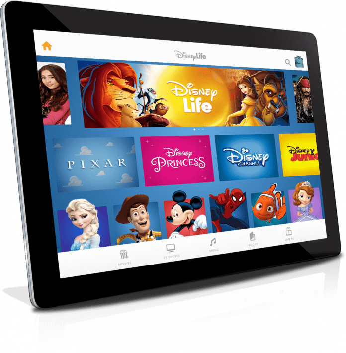 Tablet mit Icons, die Disney-Inhalte anpreisen