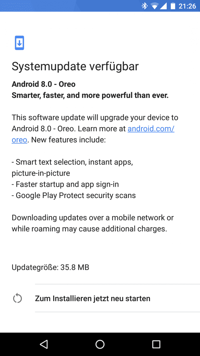Hinweis auf das Update für Android Oreo