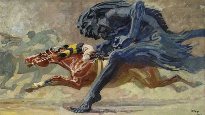 Gemälde Wettrennen zwischen einem Biest und einem Pferd mit Jockey