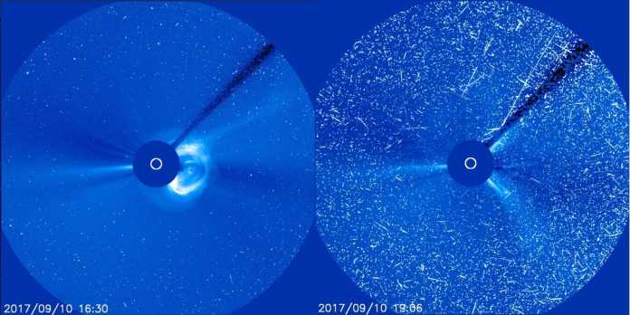 Kurz nach dem Ausbruch, bei dem die Sonne große Mengen Materie ins All schleudert (Bild links) rufen hochenergetische Protonen starke Bildstörungen hervor (Bild rechts).