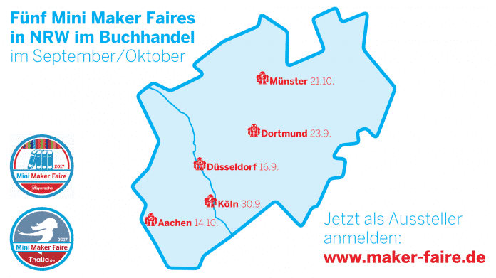Karte von NRW mit den Terminen der Mini Maker Faires im Buchhandel