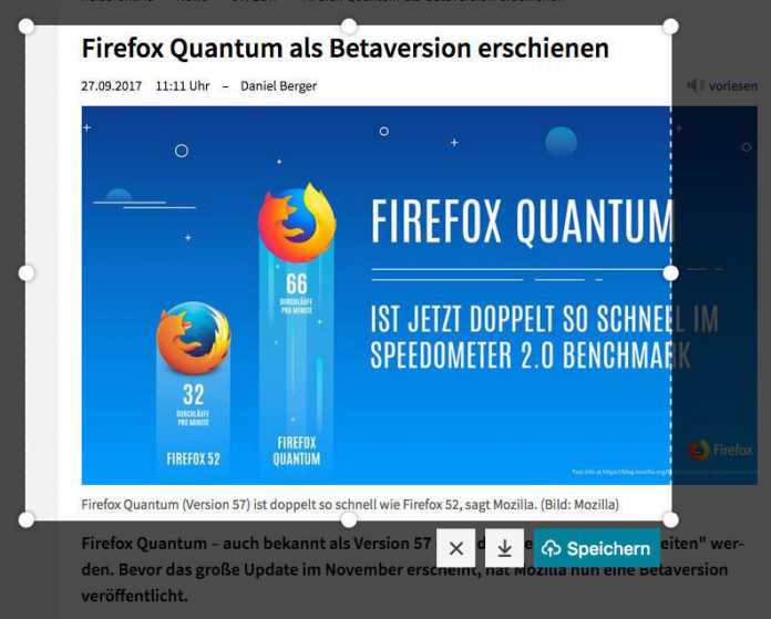 Praktische Neuerung: Mit einem kleinen Screenshot-Tool können Firefox-Nutzer Bildschirmfotos mit wenigen Klicks erzeugen und verschicken.
