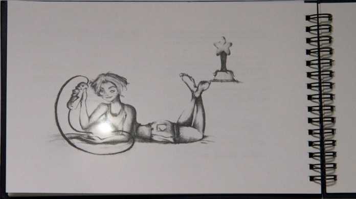 Zeichnung eines Mädchens, die einen kleinen Stern mit Anschlüssen an eine Batterie hält.