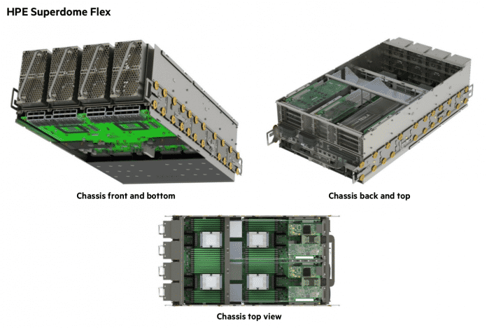 Ein Chassis des neuen Superdome Flex fasst bis zu 8 Vier-Sockel-Server mit Xeon-CPUs und jeweils bis zu 6 Terabyte Hauptspeicher. Zwei Chassis können per Interconnect verbunden und so der Hauptspeicher geteilt werden.