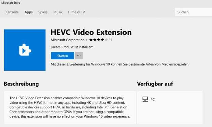 Nach dem Installieren der HEVC Video Extension laufen auch 4K-HEVC-Videos in der Filme&amp;TV-App ruckelfrei -- kompatible Hardware vorausgesetzt.