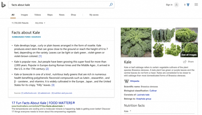 Bing stellt mehrere Fakten zu einer Suchanfrage zusammen. Der Nutzer erfährt dann alles über Grünkohl.