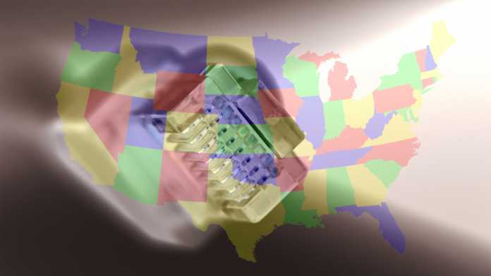 Landkarte zeigt die US-Staaten so, dass zwei benachbarte Staaten nie die selbe Farbe habe