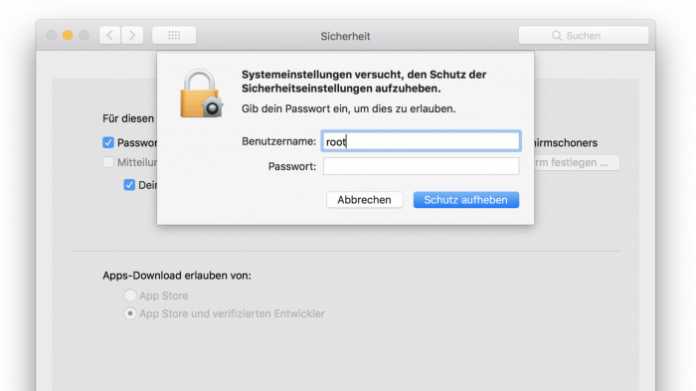 macOS High Sierra ließ sich durch die Eingabe von &quot;root&quot; und einem leeren Passwort übernehmen.