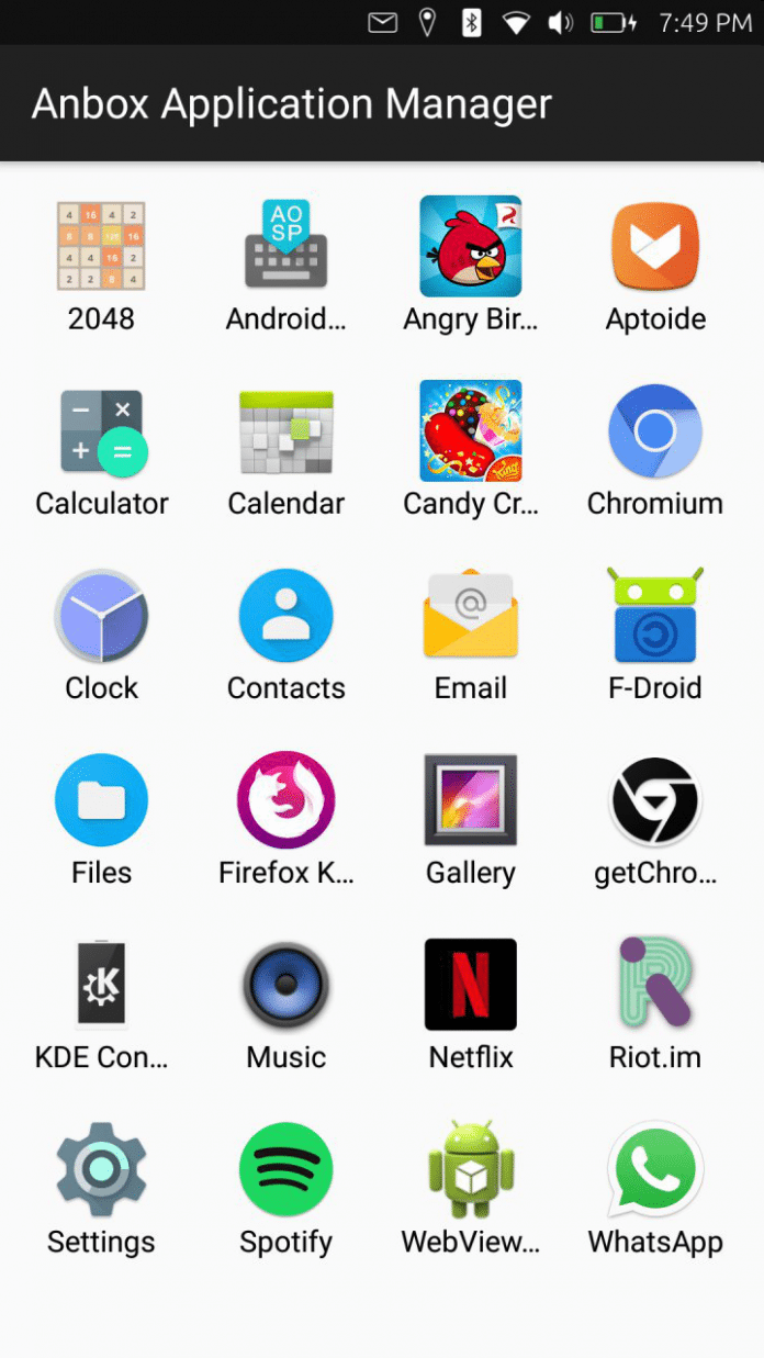 Anbox-Screenshot mit verschiedenen App-Icons