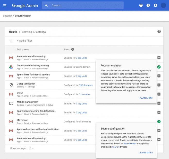 Hinweis: Google will dem Administrator mit vielen Empfehlungen bei den Einstellungen zur Datensicherheit weiterhelfen.