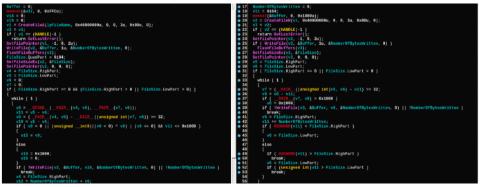 Vergleich von Code-Fragmenten von Malware der Lazarus-Gruppe (links) und von Olympic Destroyer (rechts).