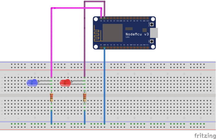 Die Schaltung verwendet lediglich die Ports D0, D1 des Boards zur Ansteuerung der LEDs