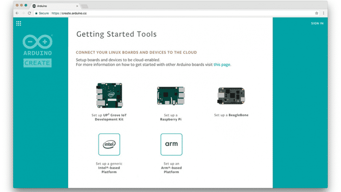 Screenshot von Arduino Create: Auswahl der unterstützten Linux-Boards