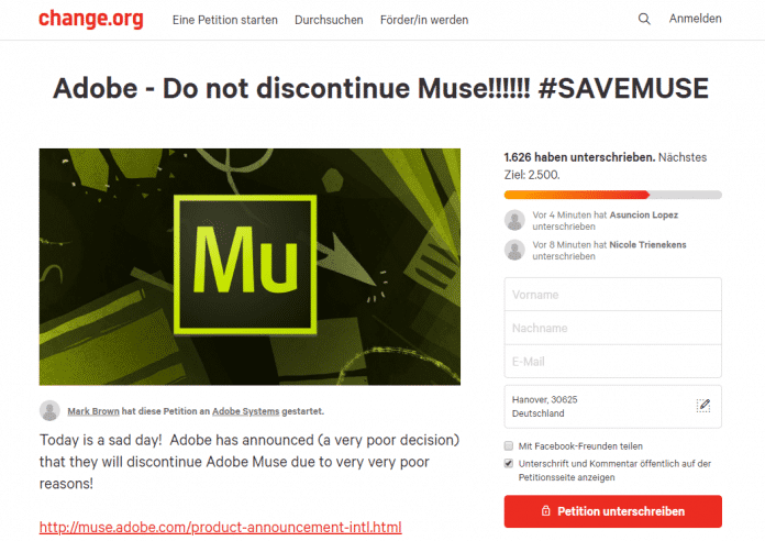 Eine Online-Petition soll das Webdesign-Tool Adobe Muse retten.