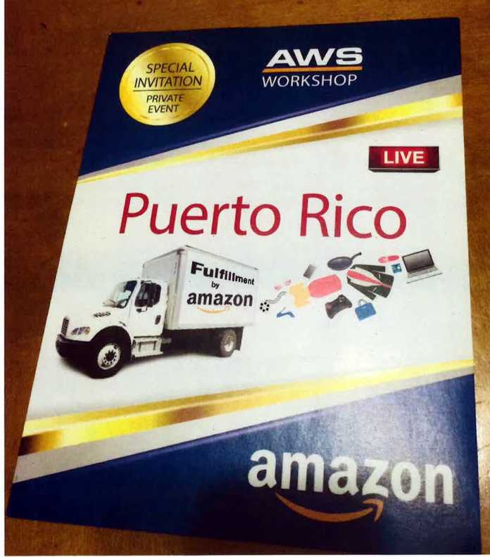 Deckblatt einer &quot;Special Invitation&quot; zu einem &quot;Private Event&quot; in Puerto Rico, mit Amazon-LKW und Amaon-Schriftzug