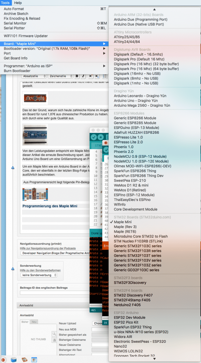 In der Arduino IDE steht das Maple Mini Board nach Installation des STM32duino Core zur Verfügung