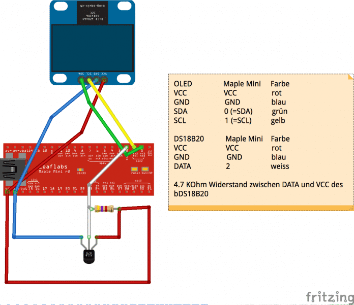 Fritzing Schaltungsdiagramm für SSD1306 OLED und DS18B20 Temperatursensor an Maple Mini