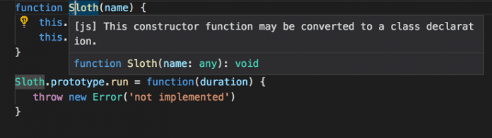 Visual Studio Code schlägt das Umwandeln der Konstruktorfunktion in eine Klassendeklaration vor.
