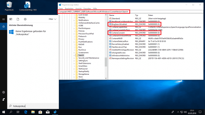 Windows 10 Version 1803: Änderung beim Abschalten der Web-Suche