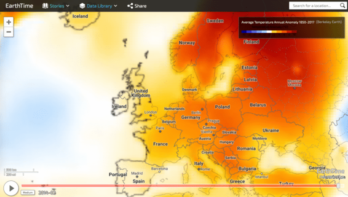 Temperaturanomalie: EarthTime nutzt Daten für ein grafisches Overlay über die Weltkarte und zeigt hier eine realtiv zu hohe Temperatur für einen Zeitraum.