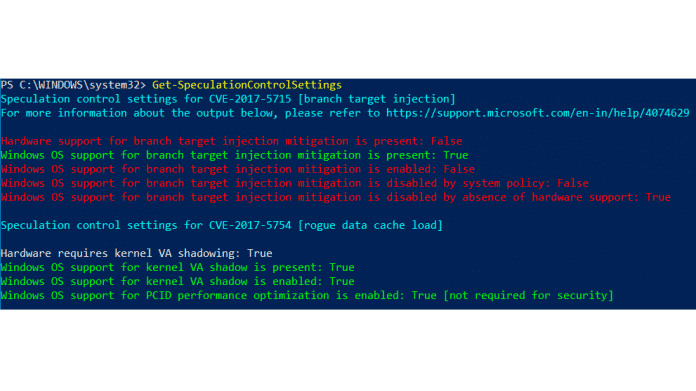 Get-SpeculationControlSettings auf Windows 10 1803 ohne KB4090007