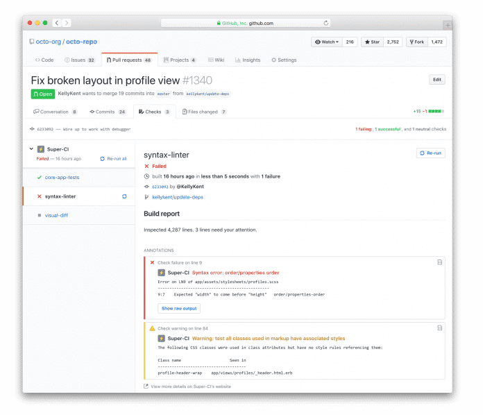 Neu mit der Checks API: Bei &quot;Pull Request&quot; steht den Entwicklern ein &quot;Checks&quot;-Tab zur Verfügung. (Bild: GitHub)