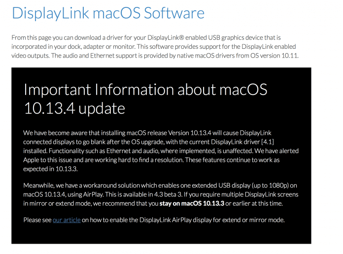 DisplayLink warnt prominent vor den Problemen mit macOS High Sierra 10.13.4.