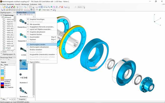 Aus dem XVL Studio 3D CAD Corel Edition lassen sich 3D-Ansichten als Vektorgrafik in den Designer exportieren.