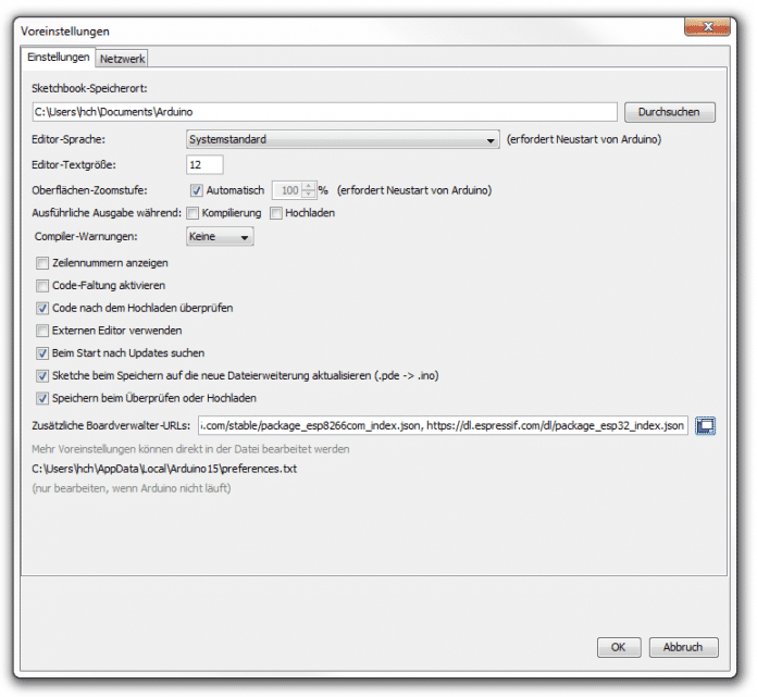 ESP in Arduino IDE einbinden: Screenshot der Voreinstellungen