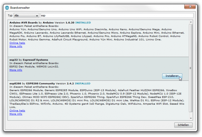 ESP in Arduino IDE einbinden: Screenshot des Boardverwalters