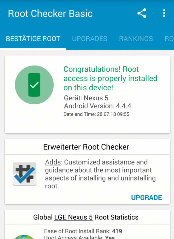 Mit Root Checker finden Sie heraus, ob Ihr Gerät gerootet ist. Die Meldung „Congratulations!“ bedeutet in Ihrem Fall „Vorsicht! Verseuchungsgefahr!“