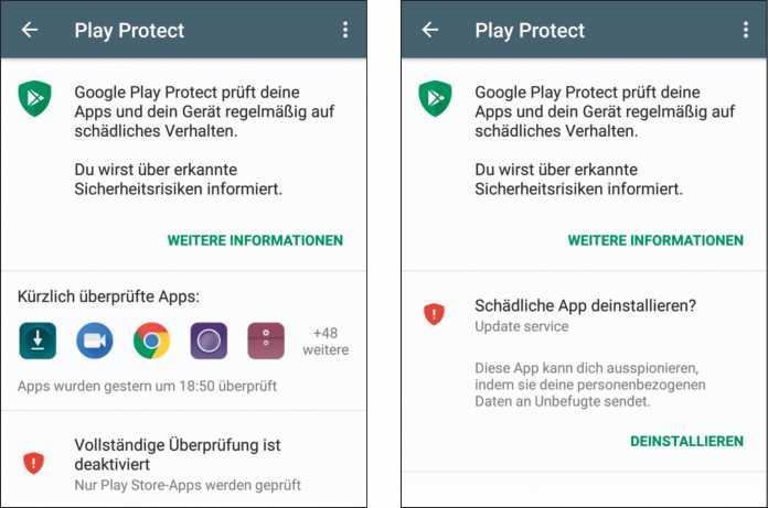Androids eingebauter Virenscanner darf nicht deaktiviert sein (links), die letzte Überprüfung sollte nicht zu weit zurückliegen. Der Scanner erkennt nämlich durchaus gängige Spionage-Apps (rechts), auch wenn sie sich als „Update Service“ verstecken.