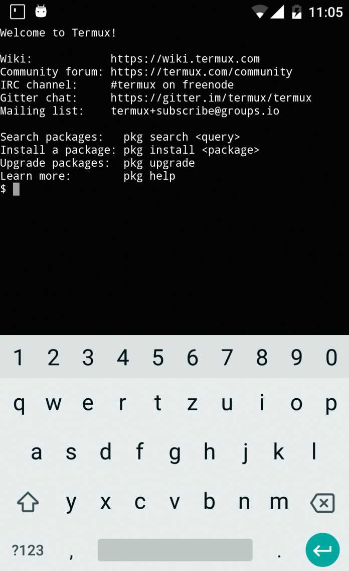 Termux listet nach dem Start wichtige Kommandos auf.