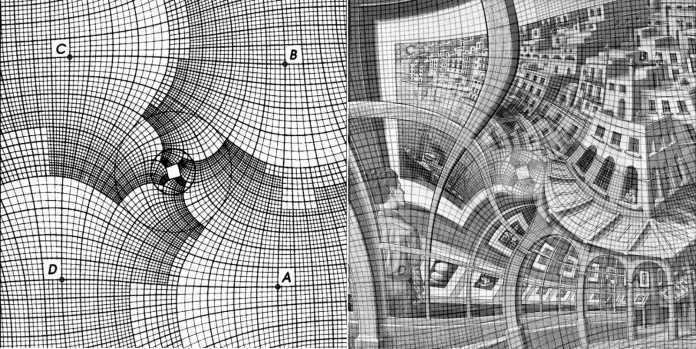Escher verwendete für &quot;Prentententoonstelling&quot; eine komplexe Transformation: links das Gitter aus der Veröffentlichung von B. de Smit and H. W. Lenstra Jr., rechts wurde es auf Eschers Lithografie gelegt.