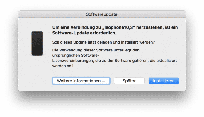 Sollte man das über diesen Dialog bereitgestellte Update verpassen, kann iTunes auf dem Mac das iPhone mit iOS 12 nicht mehr erkennen.