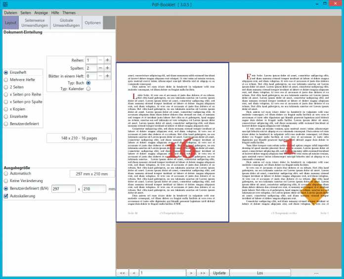 Mit wenigen Mausklicks sortiert PdfBooklet die fortlaufend angelieferten Seiten eines Dokuments so um, dass im doppelseitigen Druck eine blätterbare Broschüre entsteht.