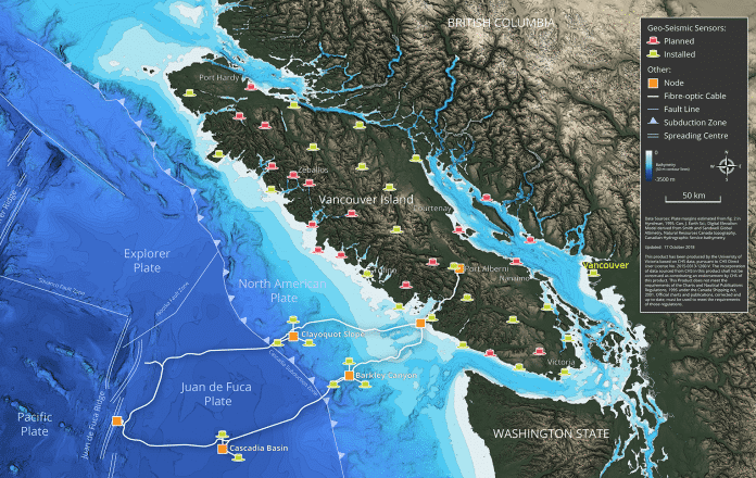 Landkarte Vancouver Islands und Umgebung, auf der Sensoren und ein Unterwasser-Glasfaserring eingezeichnet sind