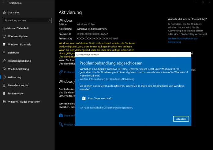 Windows 10 Pro: Aktivierung digitaler Lizenzen gestört