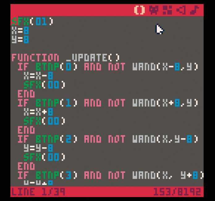 Im Editor programmieren Sie Ihr Spiel. Hinter den pixeligen Symbolen rechts oben verstecken sich die Editoren für Code, Sprites, Leveldesign, Sound und Musik.