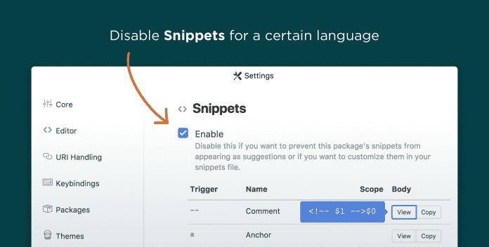 Snippets lassen sich nun für einzelne Programmiersprachen individuell deaktiveren und anpassen.