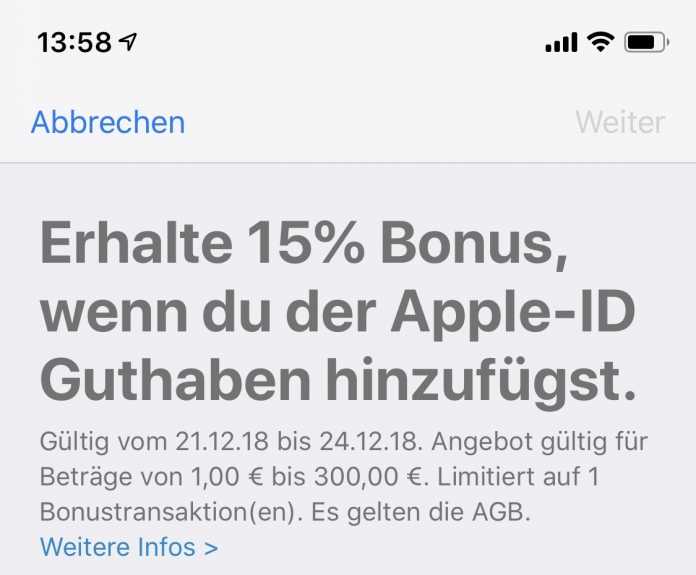 15 Prozent Bonus auf App-Store-Guthaben direkt auf dem iPhone.